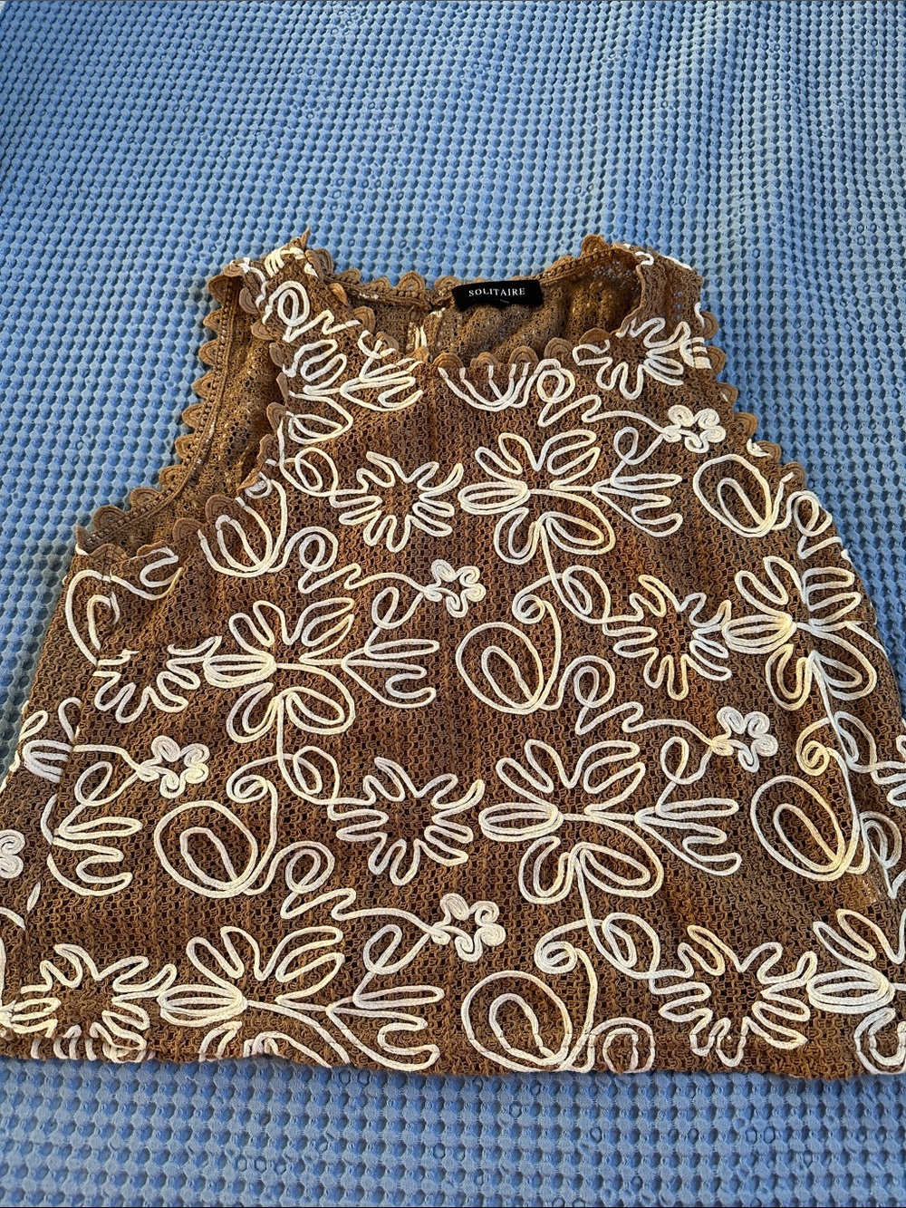 Solitaire Brown Crochet Tank with Ivory Floral Trim